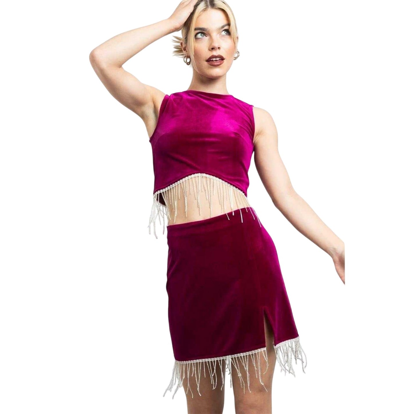 Magenta - Side - Daisy Street Womens-Ladies Velvet Mini Skirt