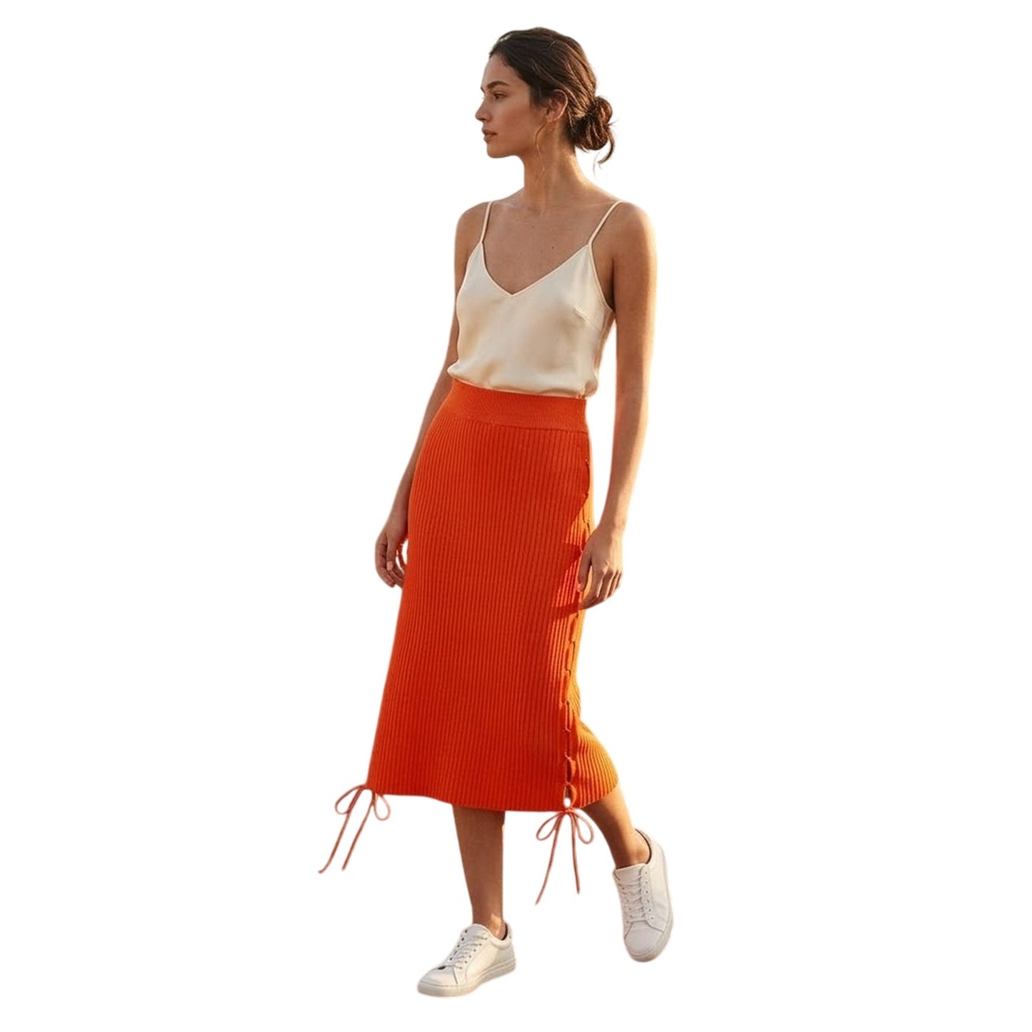 Coral Red - Side - Off White Womens-Ladies Knitted Side Tie Slim Midi Skirt