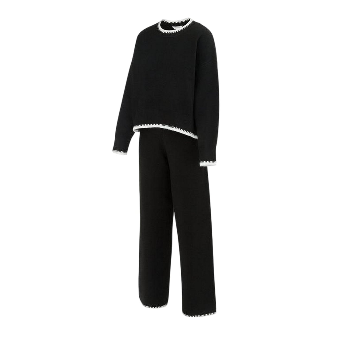 Black-White - Side - Miso Womens-Ladies Contrast Hem Long-Sleeved Top & Bottom Set