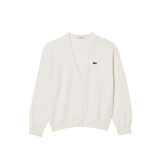 White - Front - Lacoste Womens-Ladies V Neck Relaxed Fit Cardigan