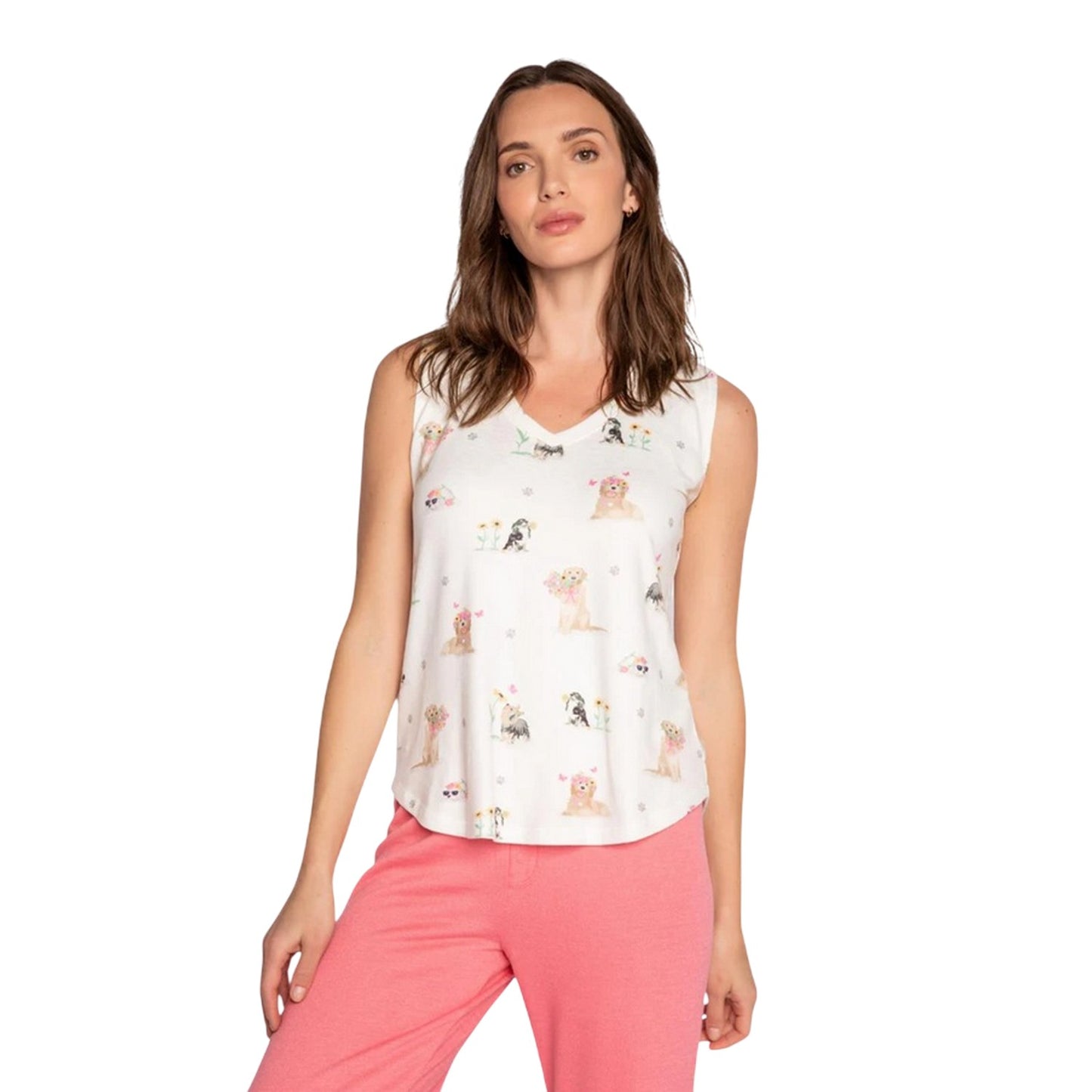 Off White - Side - PJ Salvage Womens-Ladies Dog Print Sleeveless Pyjama Top