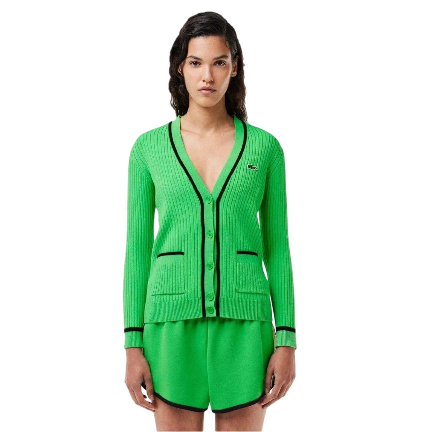 Green-Black - Side - Lacoste Womens-Ladies V Neck Regular Cardigan