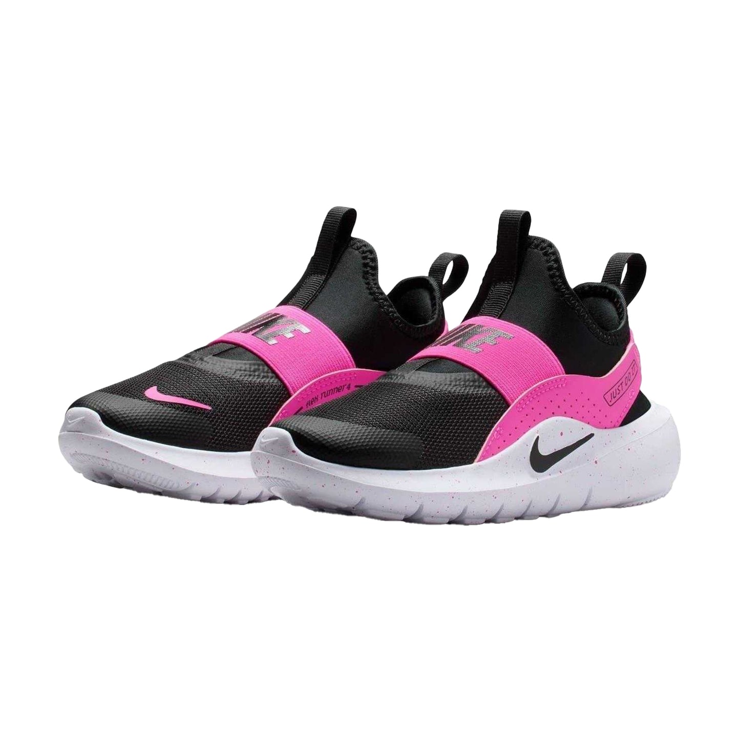 Black-Pink - Pack Shot - Nike Childrens-Kids Flex Runner 4 Mesh Slip-on Trainers
