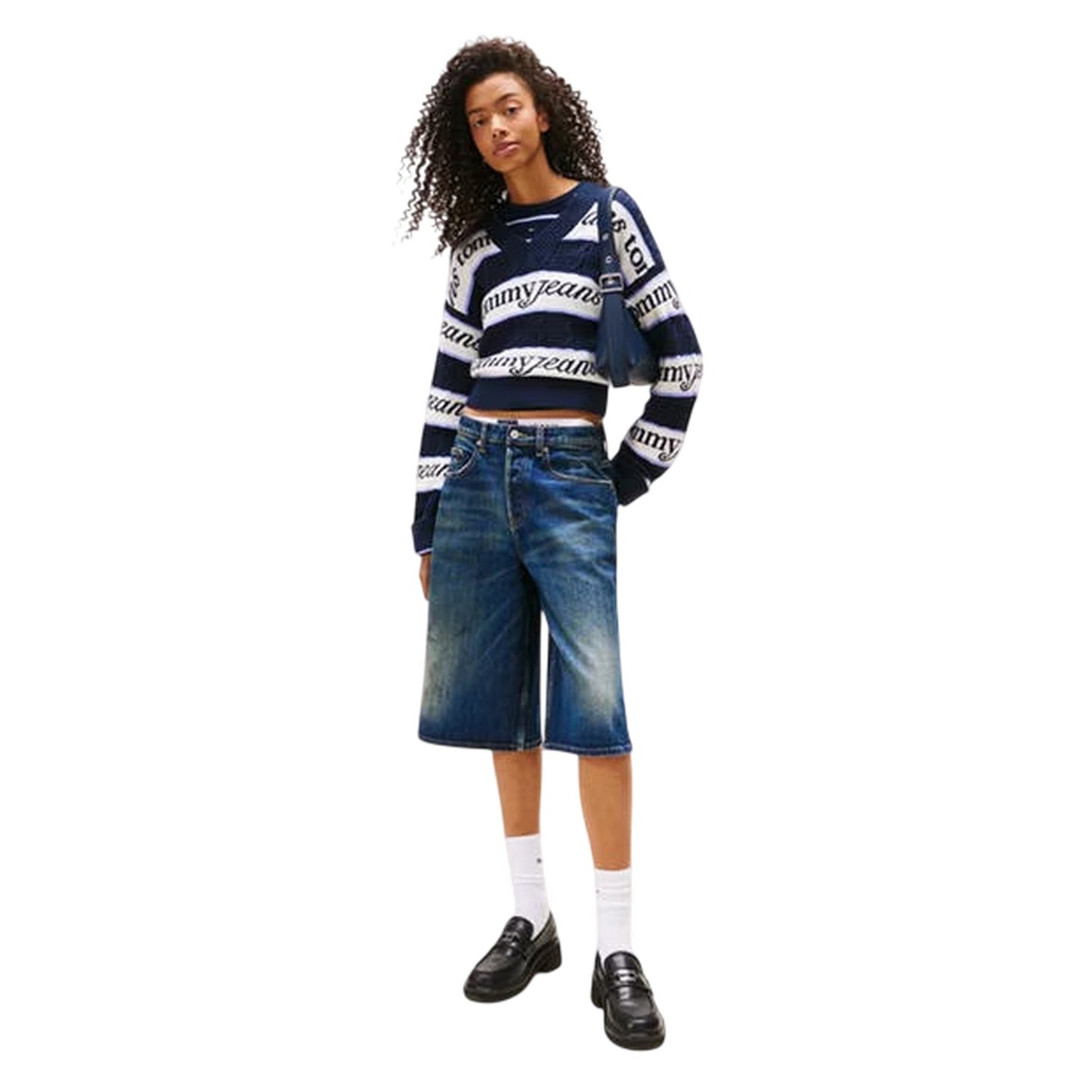 Navy-White - Lifestyle - Tommy Jeans Womens-Ladies Striped V Neck Top