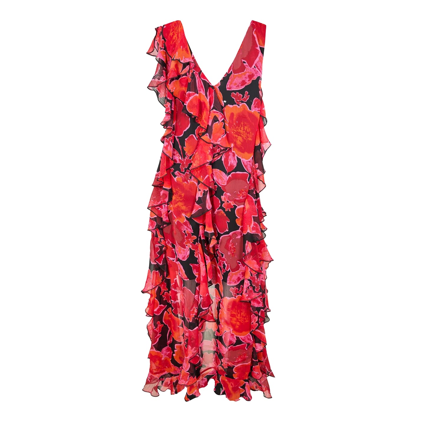 Red-Black - Back - Biba Womens-Ladies Flowers Ruffles Maxi Dress