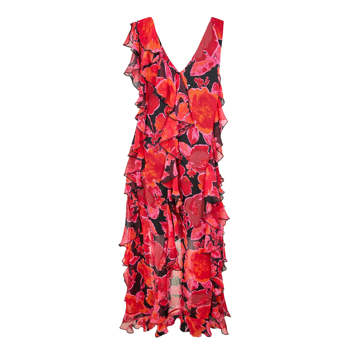 Red-Black - Back - Biba Womens-Ladies Flowers Ruffles Maxi Dress