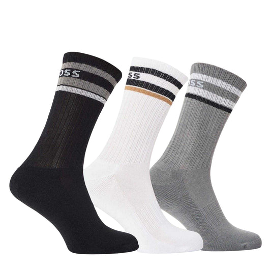 Black-Grey-White - Front - Boss Mens Contrast Striped Crew Socks (Pack of 3)