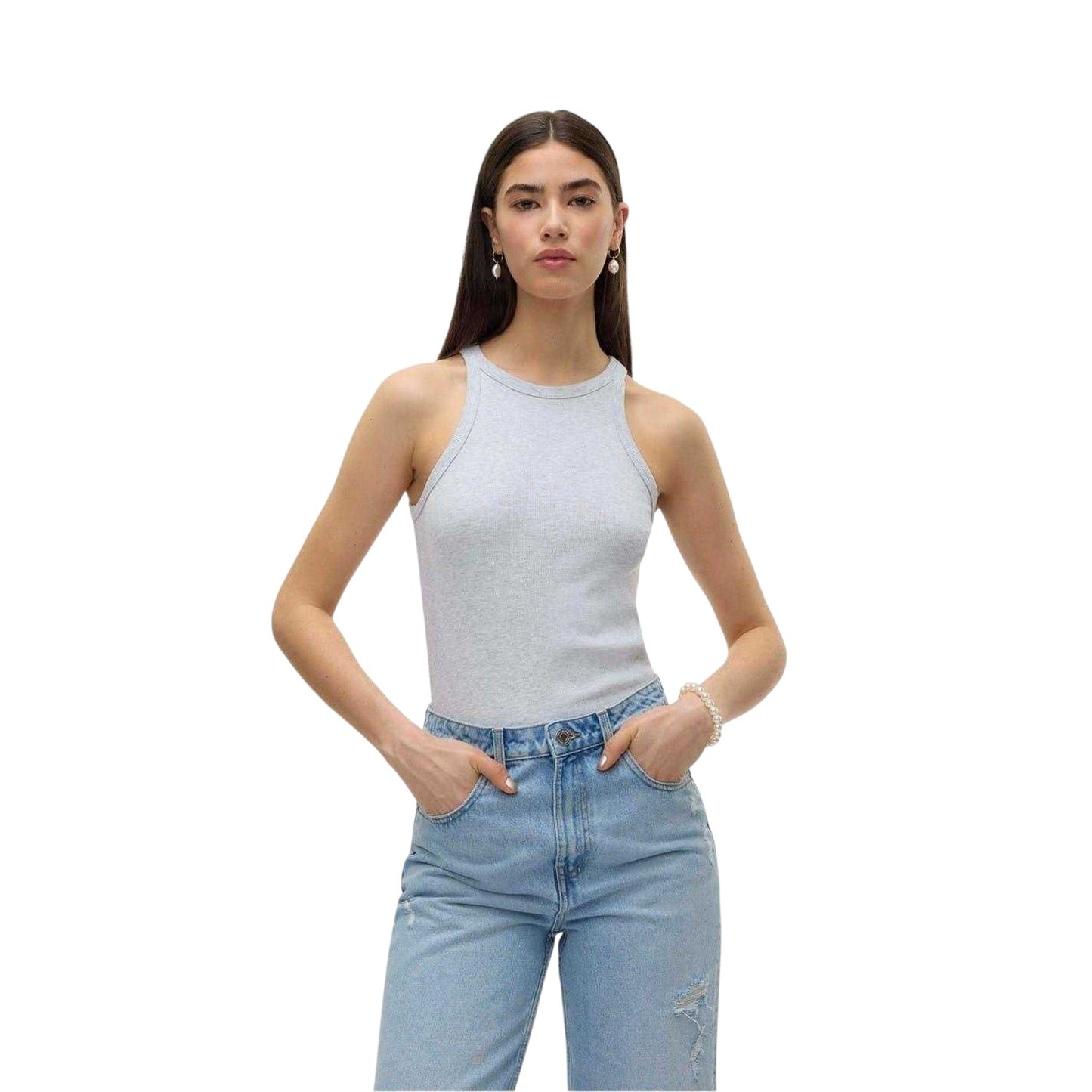 Light Grey Melange - Lifestyle - Vero Moda Womens-Ladies Ribbed Crew Neck Regular Tank Top