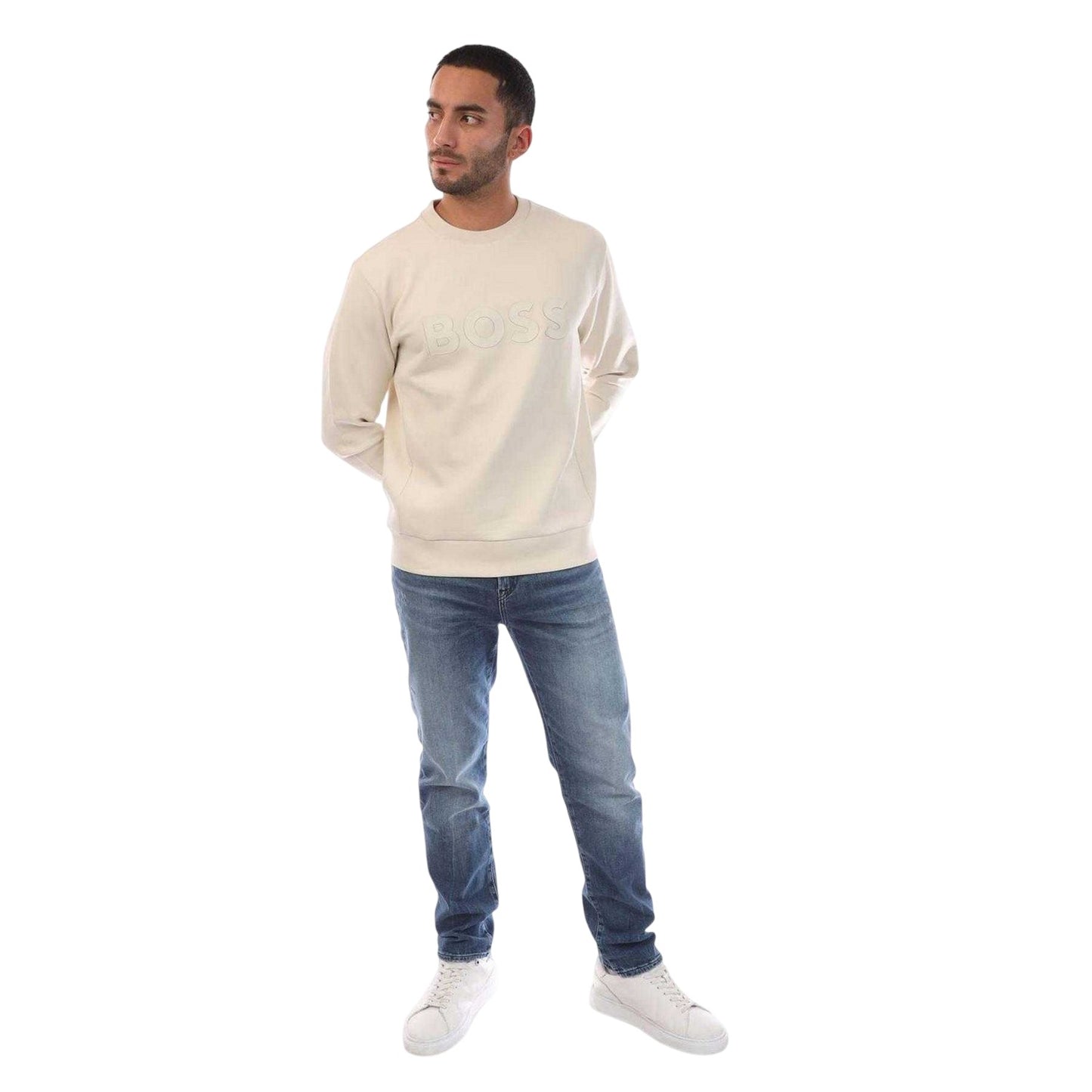 White - Side - Boss Mens Logo Stretch Sweatshirt
