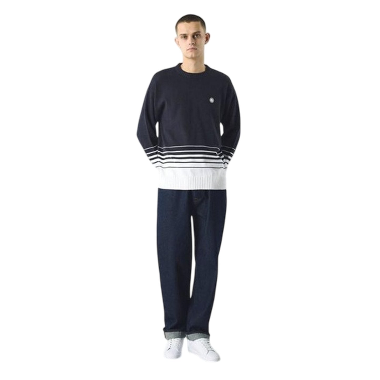 Navy - Side - Pretty Green Mens Striped Crew Neck Relaxed Fit Jumper