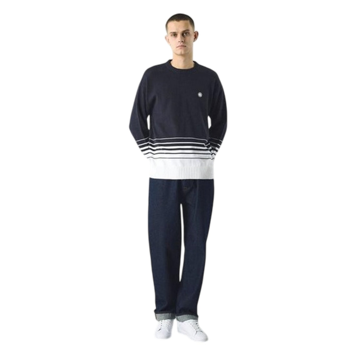 Navy - Side - Pretty Green Mens Striped Crew Neck Relaxed Fit Jumper