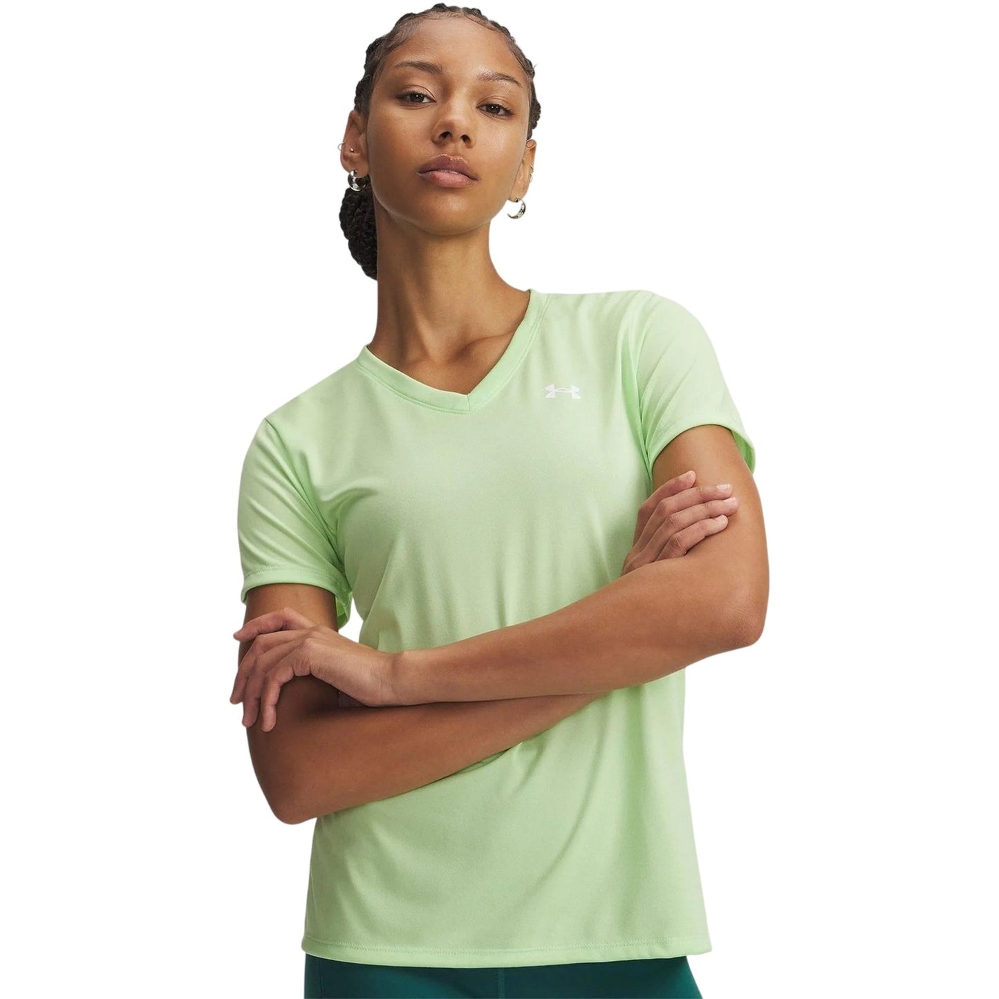 Lime-White - Side - Under Armour Womens-Ladies V Neck T-Shirt