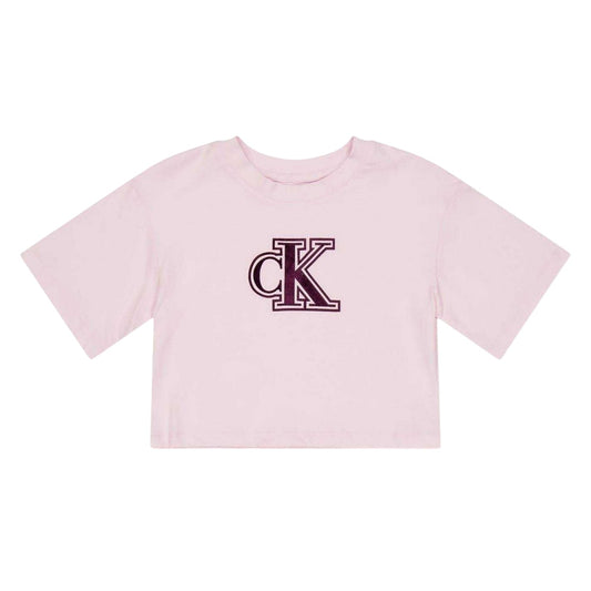 Pearl Pink - Front - Calvin Klein Childrens-Kids Embroidered Logo Cropped T-Shirt
