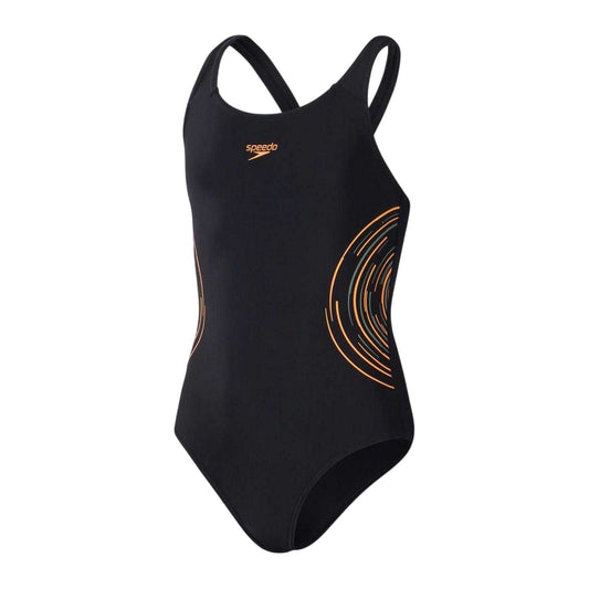 Black-Orange - Front - Speedo Girls Placement One Piece Swimsuit