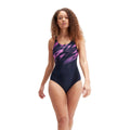 Navy-Pink - Back - Speedo Womens-Ladies Hyper Boom Placement Muscleback One Piece Swimsuit
