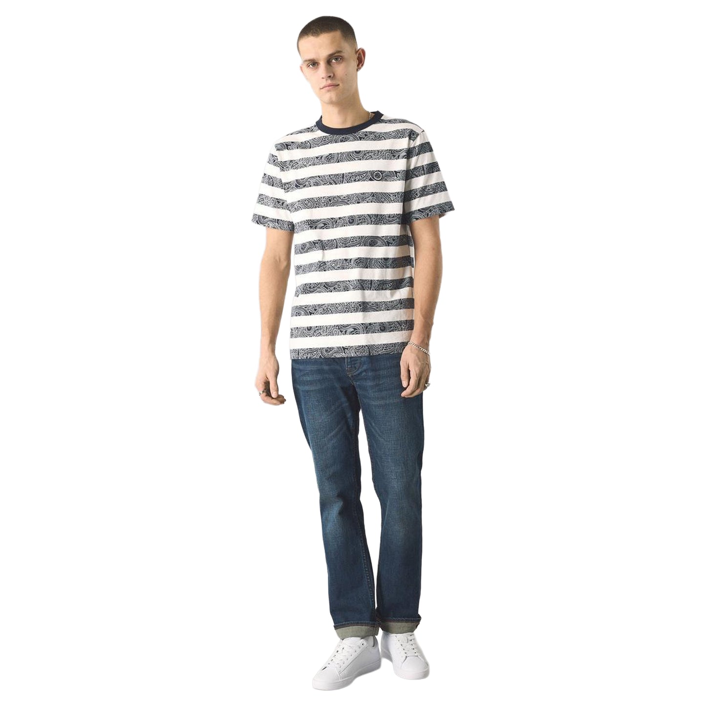 Navy - Lifestyle - Pretty Green Unisex Adult Stripe Paisley Crew Neck Regular T-Shirt