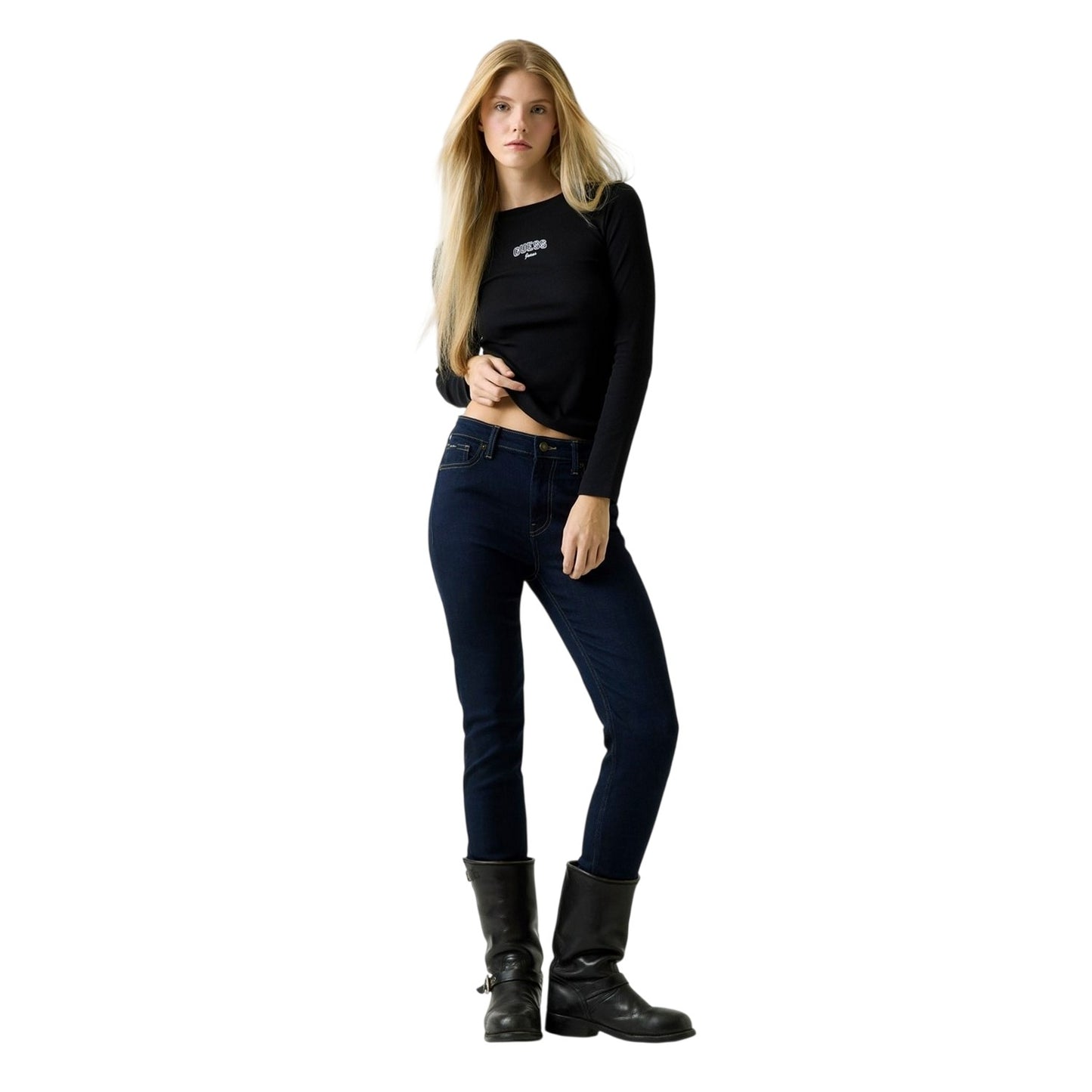 Black - Pack Shot - Guess Womens-Ladies Embroidered Slim Long-Sleeved T-Shirt