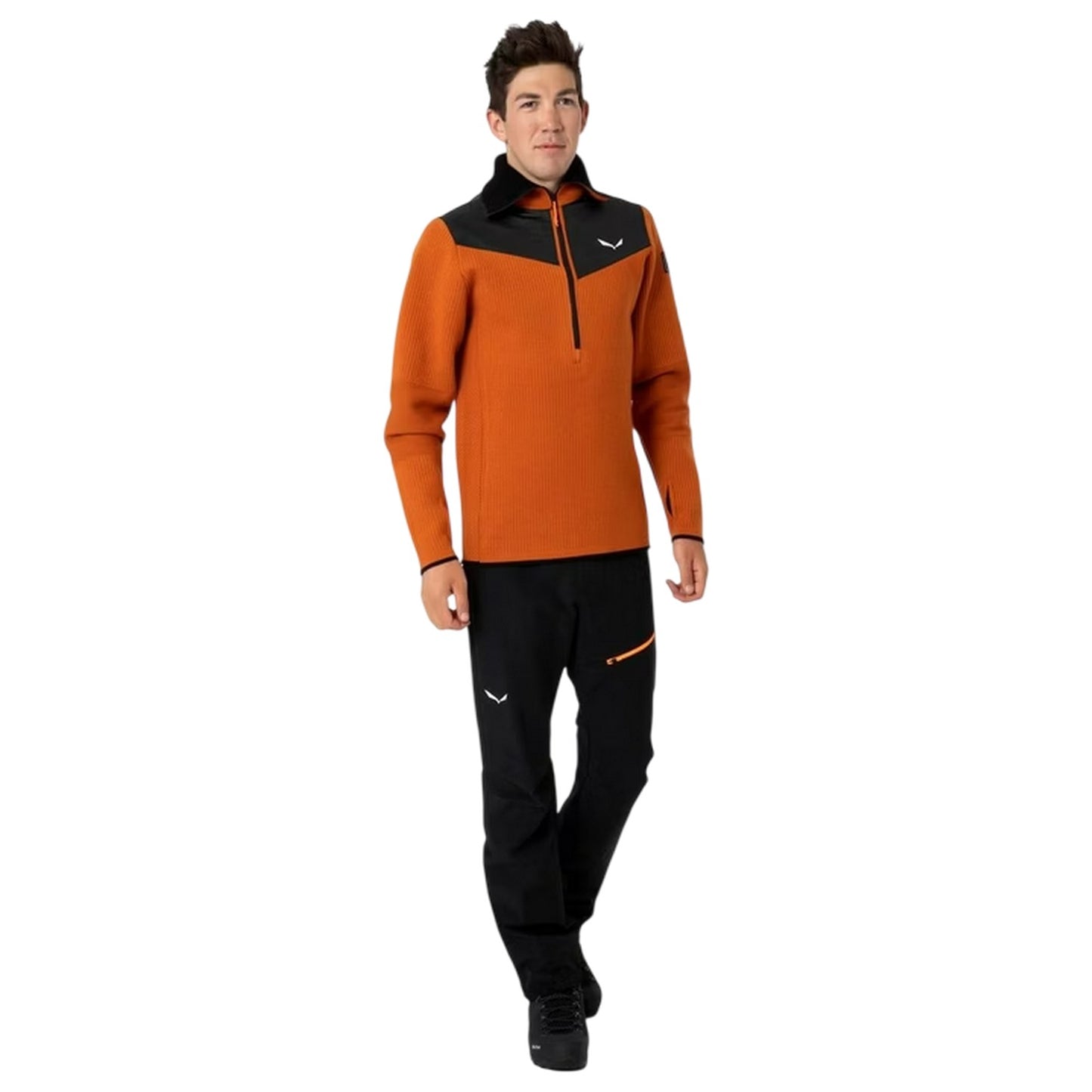Brown-Black - Close up - Salewa Mens Zip Neck Regular Long-Sleeved Jumper