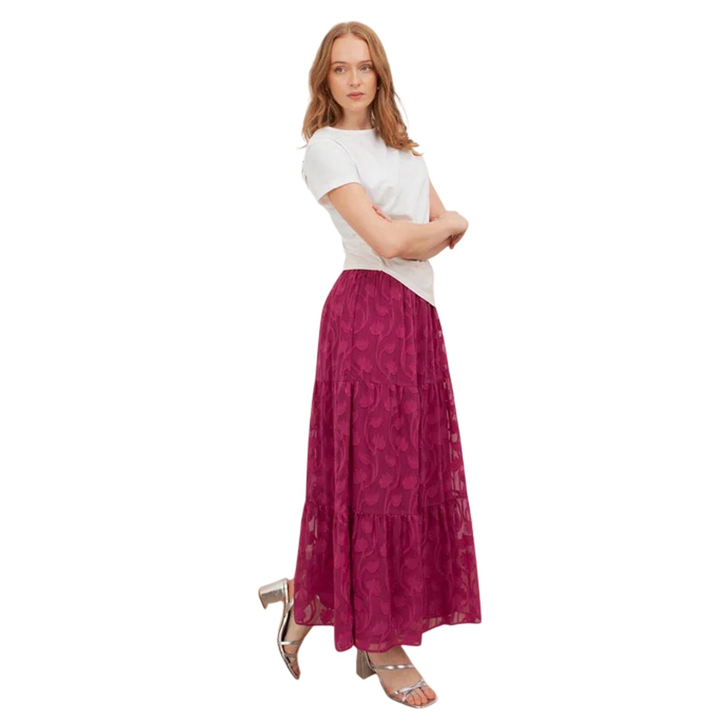 Fuchsia - Lifestyle - Lovedrobe Womens-Ladies Burnout Floral Maxi Skirt