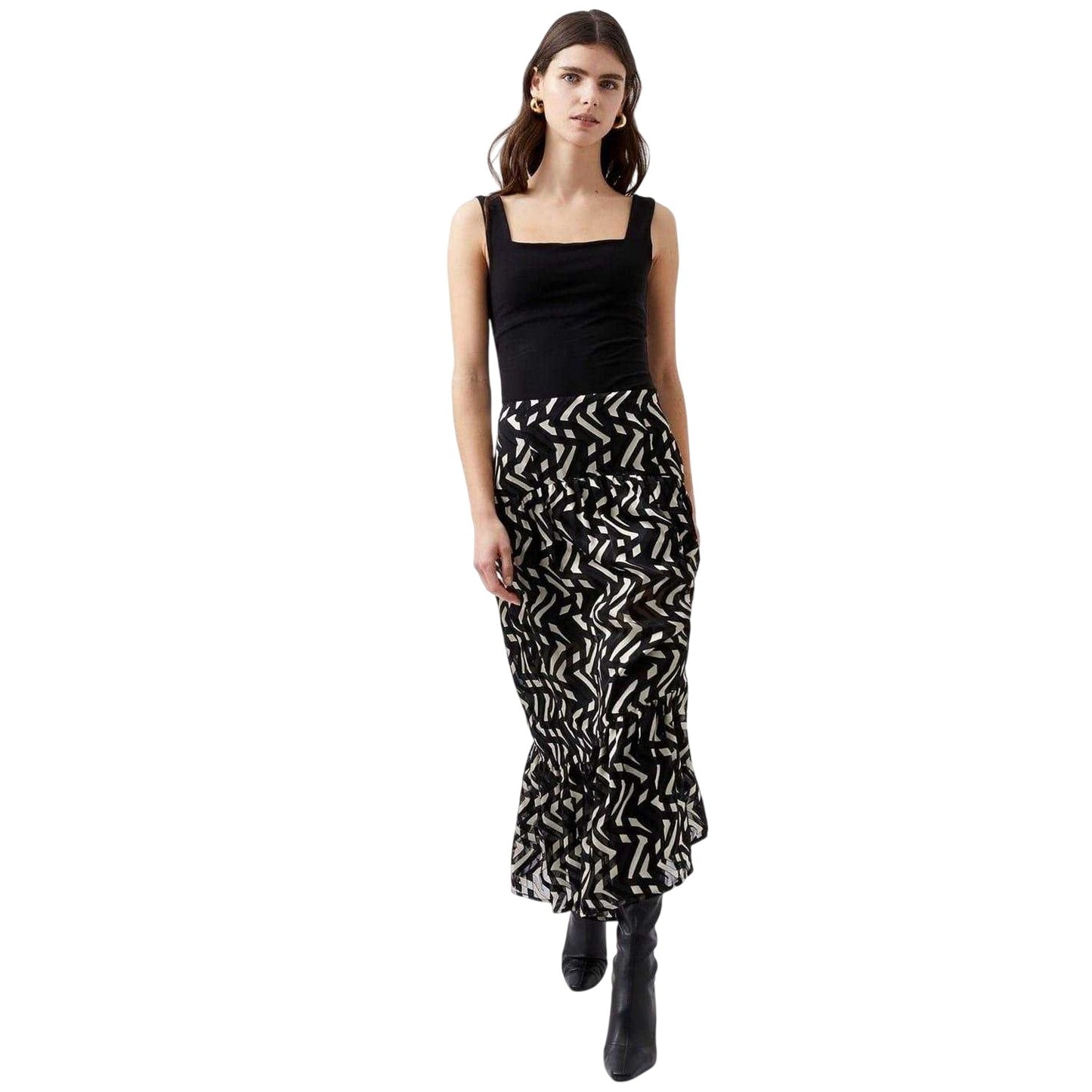 Black-Cream - Side - French Connection Womens-Ladies Diandra Geometric Pattern Maxi Skirt