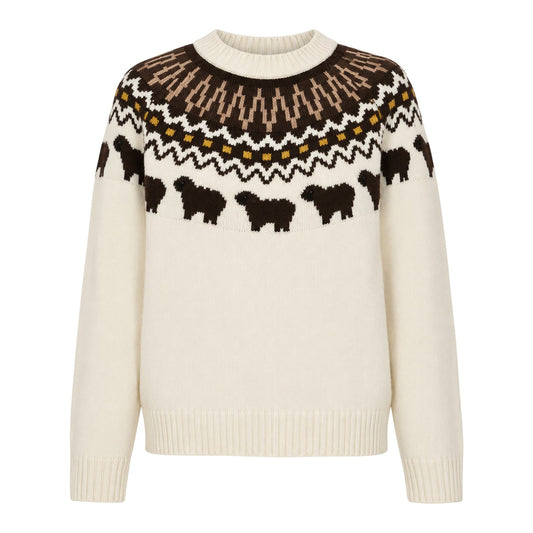 Antique White - Front - Hunter Womens-Ladies Fair Isle Crew Neck Long-Sleeved Sweater Top