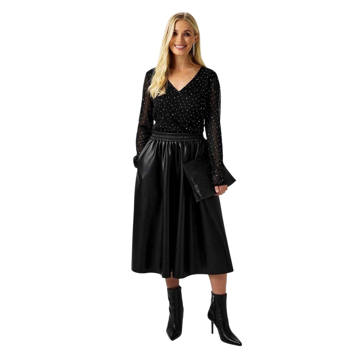 Black - Side - Biba Womens-Ladies Full Faux Leather Midi Skirt
