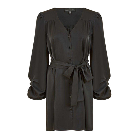 Black - Front - Mela London Womens-Ladies V Neck Balloon Sleeve Mini Shirt Dress