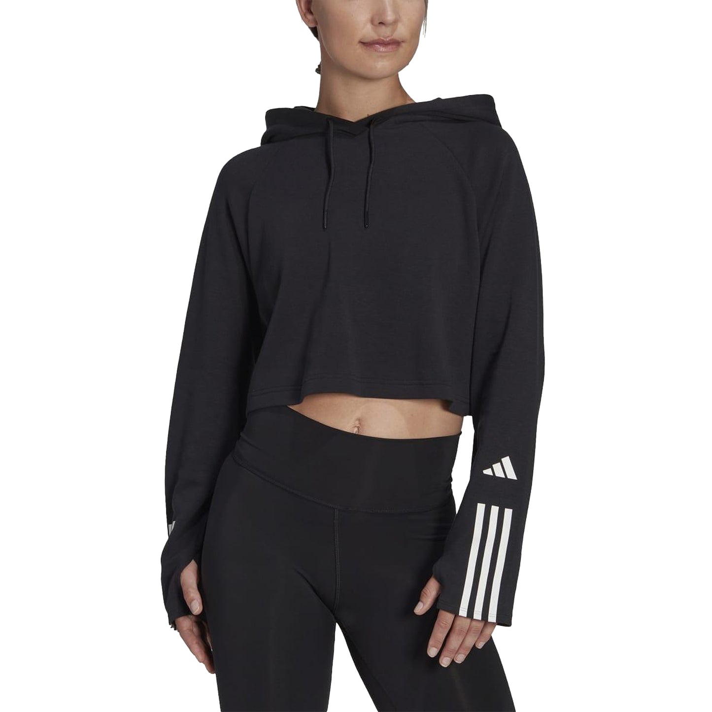 Black-White - Side - Adidas Womens-Ladies Train Essentials Stripe Cotton Cropped Hoodie