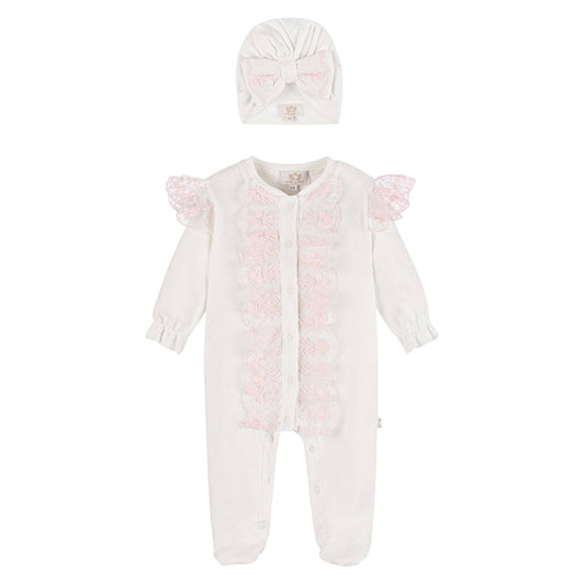 White-Pink - Front - Caramelo Kids Baby Frilled Long-Sleeved Babygrow