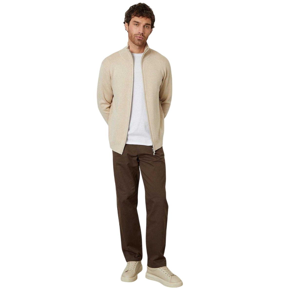 Oatmilk - Pack Shot - Threadbare Mens Wynnstay Knitted Full Zip Cardigan