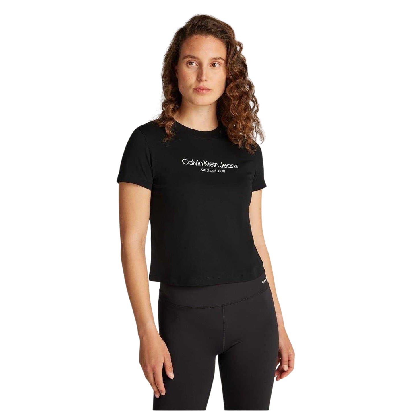 Black - Side - Calvin Klein Womens-Ladies Lettering Cotton Crew Neck Regular T-Shirt