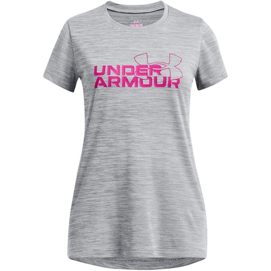 Grey-Pink - Front - Under Armour Girls Tech Wordmark Regular T-Shirt