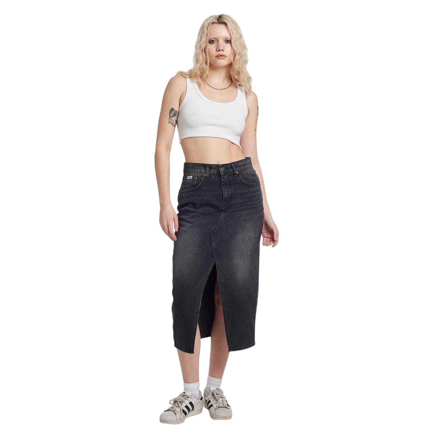 Charcoal - Side - The Ragged Priest Womens-Ladies Denim Midi Skirt