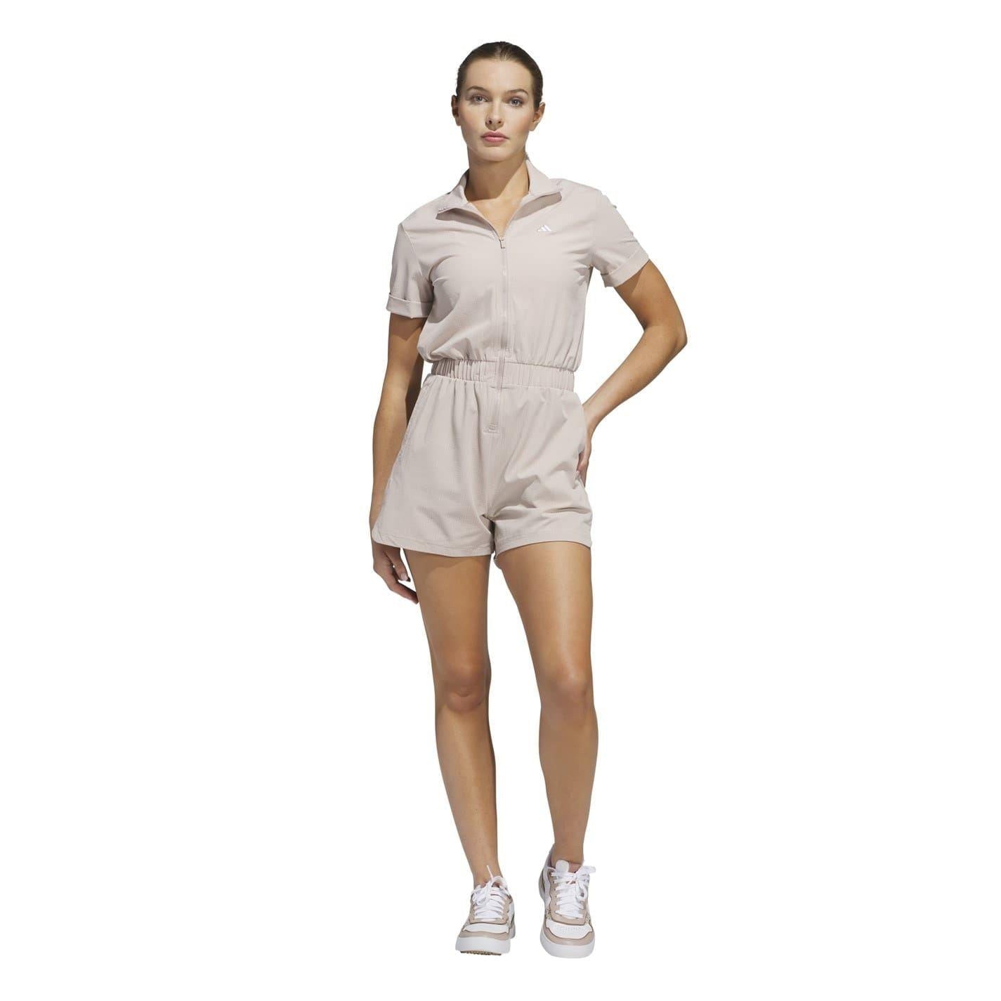 Taupe - Pack Shot - Adidas Womens-Ladies High-Neck Rolled Short Sleeves Playsuit