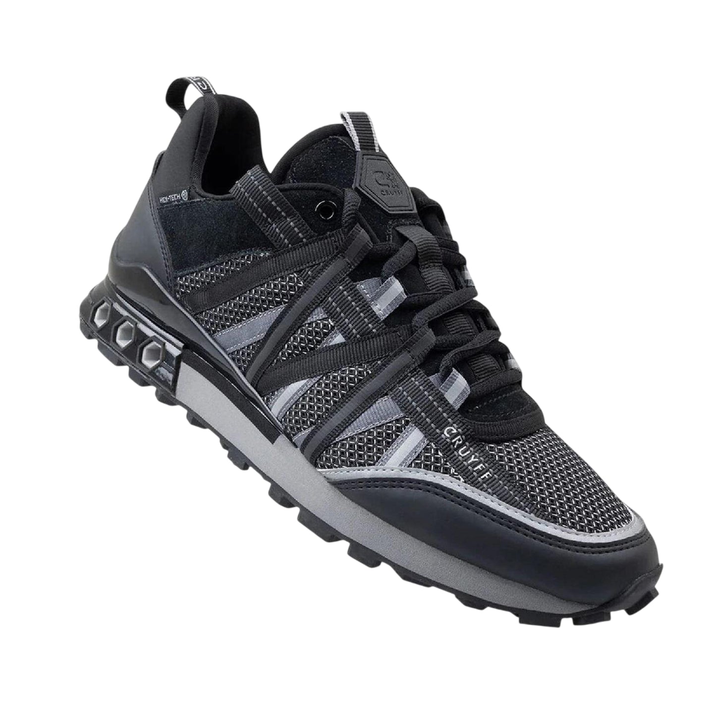 Black-Grey - Side - Cruyff Womens-Ladies Hexagon Suede Hex-Tech Trainers