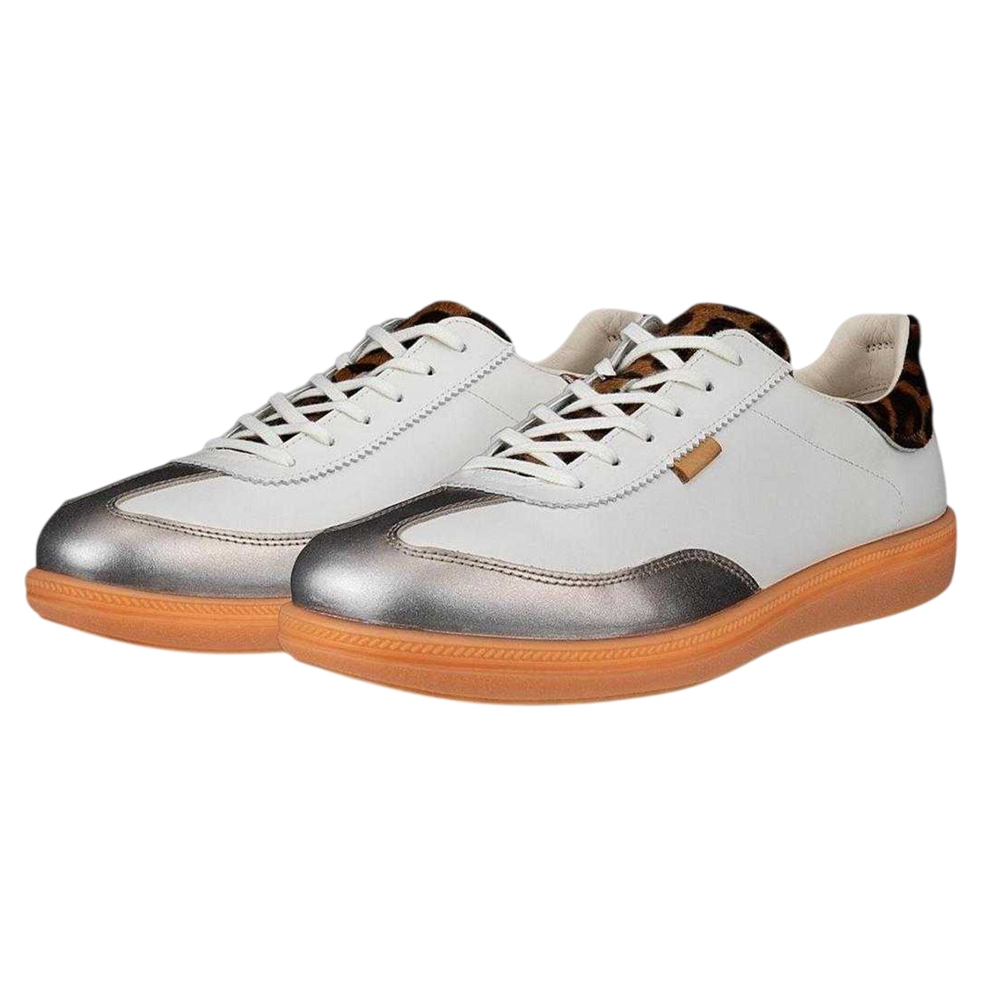 Gravel-White - Pack Shot - Ecco Womens-Ladies Leopard Print Leather Flat Court Trainers
