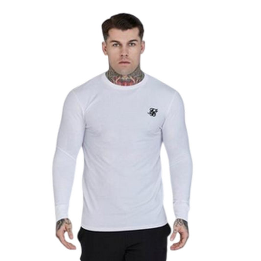 White - Front - SikSilk Mens Embroidered Logo Fitted Long-Sleeved T-Shirt