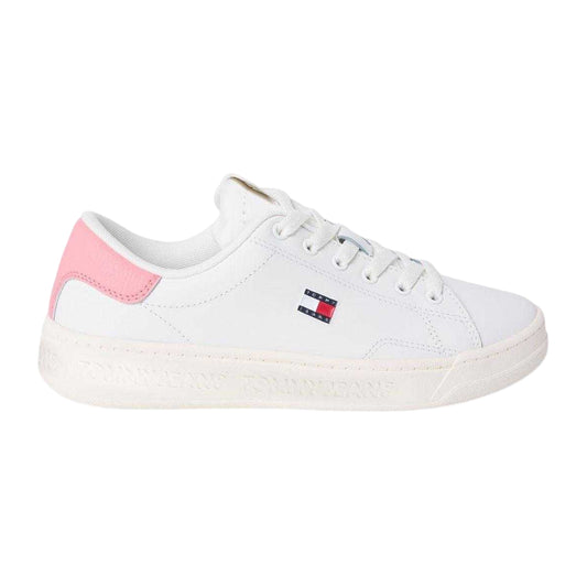 Ecru-Pink - Front - Tommy Jeans Womens-Ladies Script Leather Trainers
