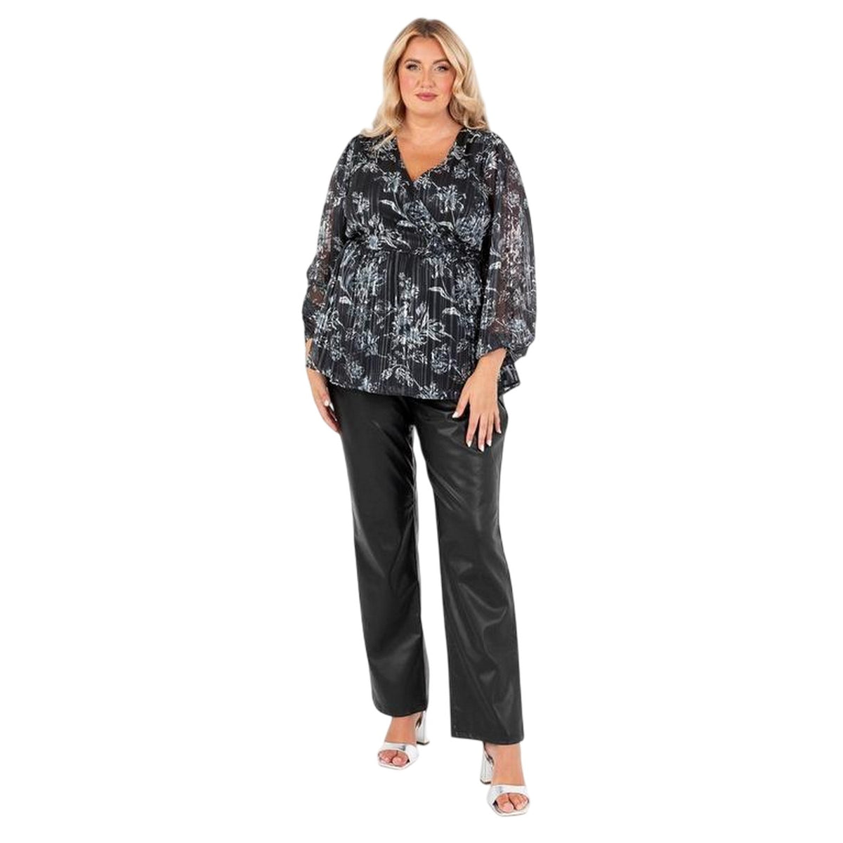 Black - Side - Lovedrobe Womens-Ladies Floral Pattern Balloon Sleeve Wrap Top