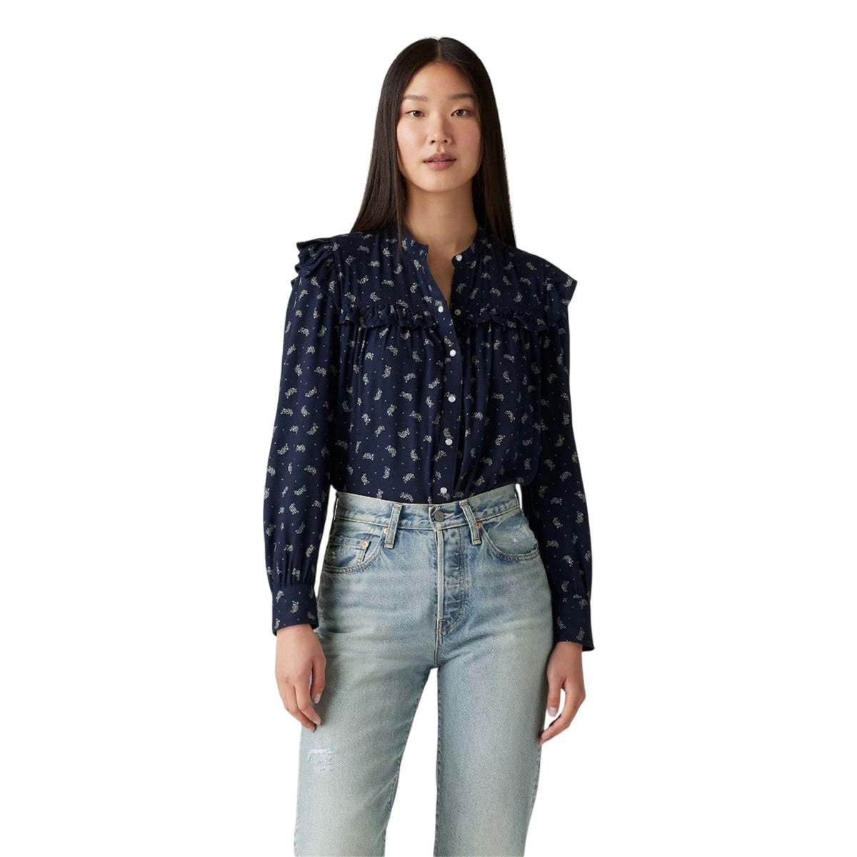 Navy - Side - Levis Womens-Ladies Gianna Floral Pattern Mock Neck Ruffle Blouse