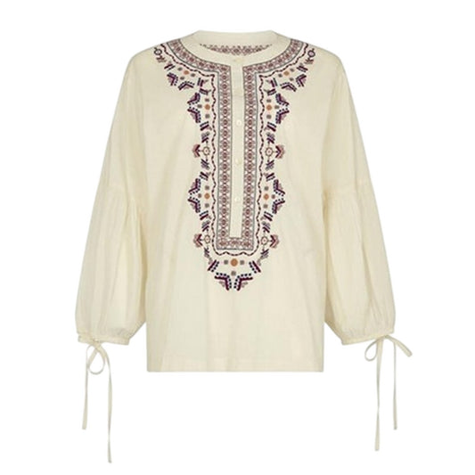 Cream - Front - Raffya Womens-Ladies Notch Neck Balloon Sleeve Blouse