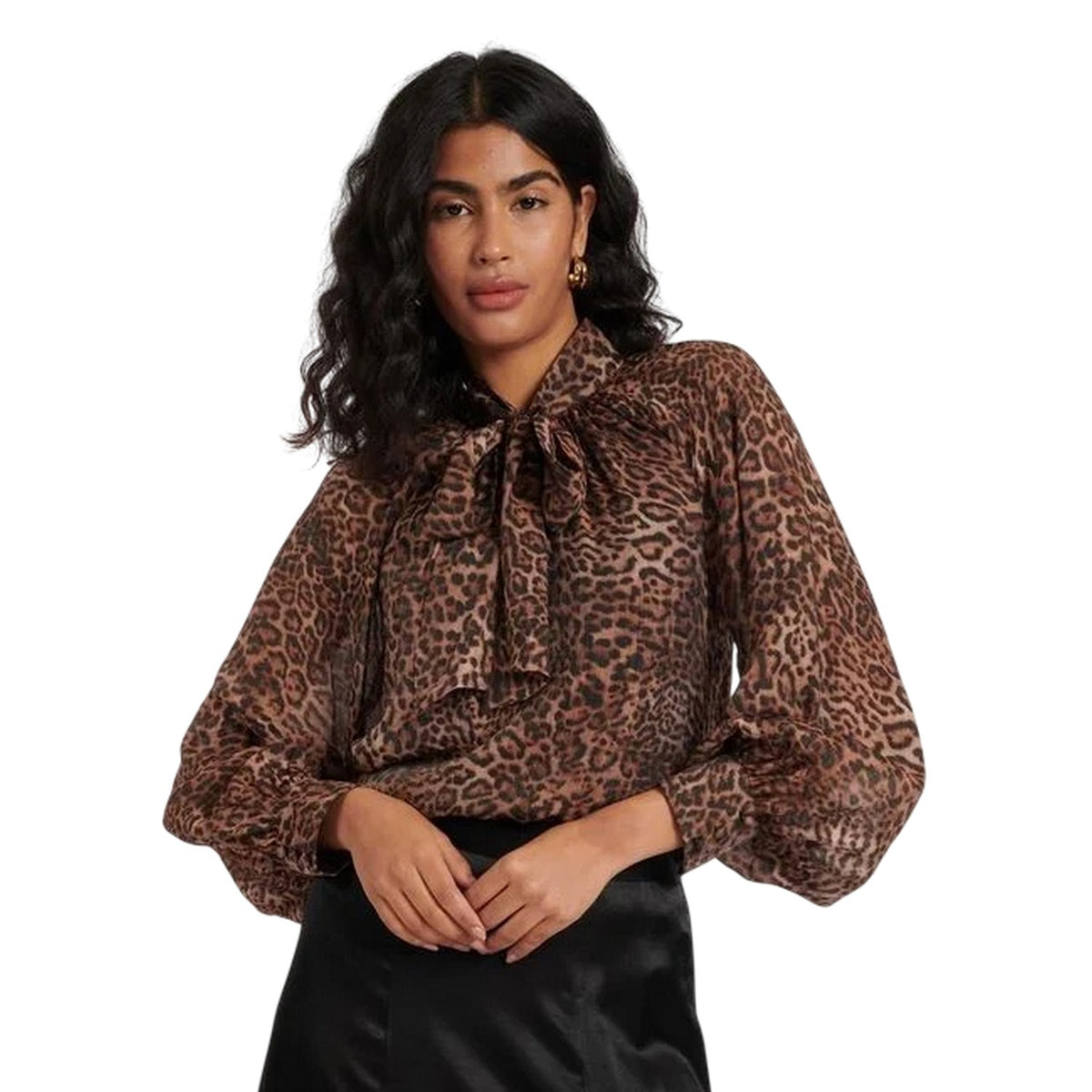 Brown - Lifestyle - Nobody´s Child Womens-Ladies Leopard Print Tie Neck Relaxed Fit Long-Sleeved Blouse