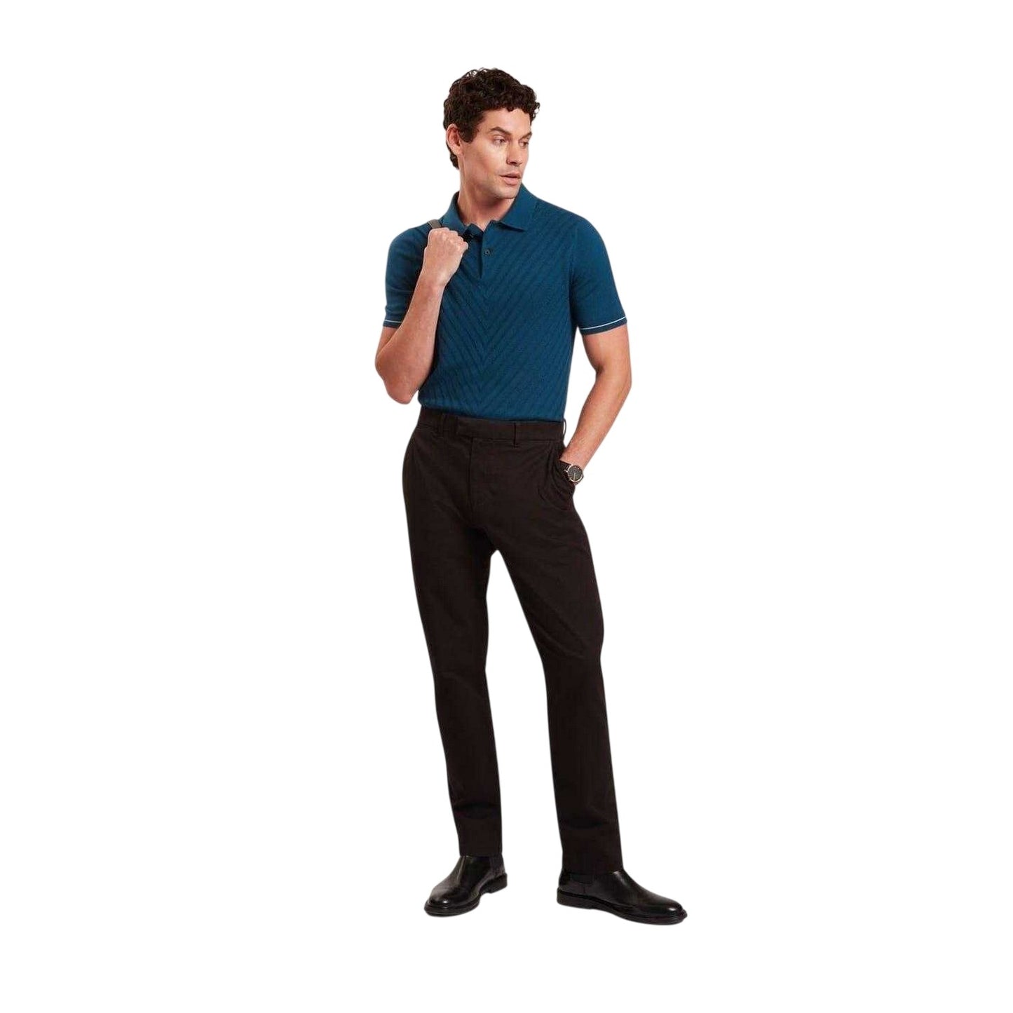 Navy - Lifestyle - Ted Baker Mens Chevron Knitted Short-Sleeved Polo Shirt