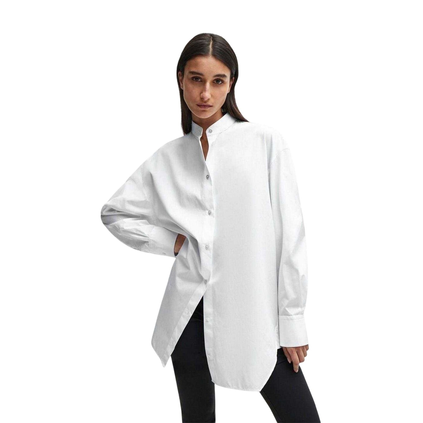 White - Side - Boss Womens-Ladies High-Neck Relaxed Fit Long-Sleeved Blouse