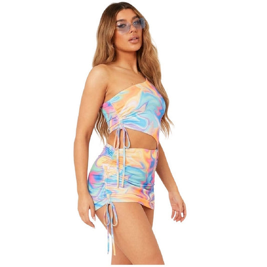 Multicoloured - Front - Missy Empire Womens-Ladies Abstract One Shoulder Top & Skirt Set