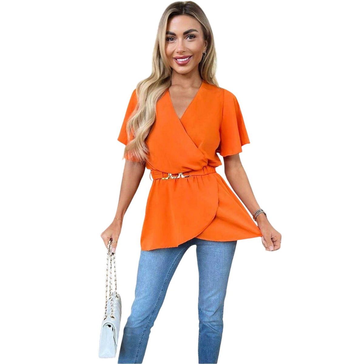Orange - Side - Ax Womens-Ladies Belted Flutter Wrap Top