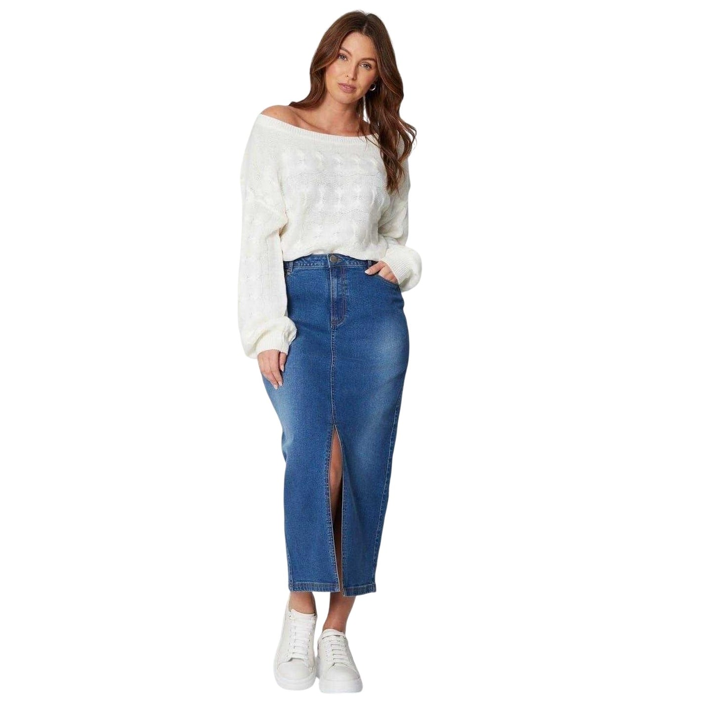 Cream - Side - Be You Womens-Ladies Cable Knit Off Shoulder Relaxed Fit Top