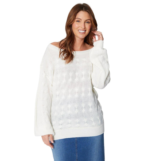 Cream - Front - Be You Womens-Ladies Cable Knit Off Shoulder Relaxed Fit Top