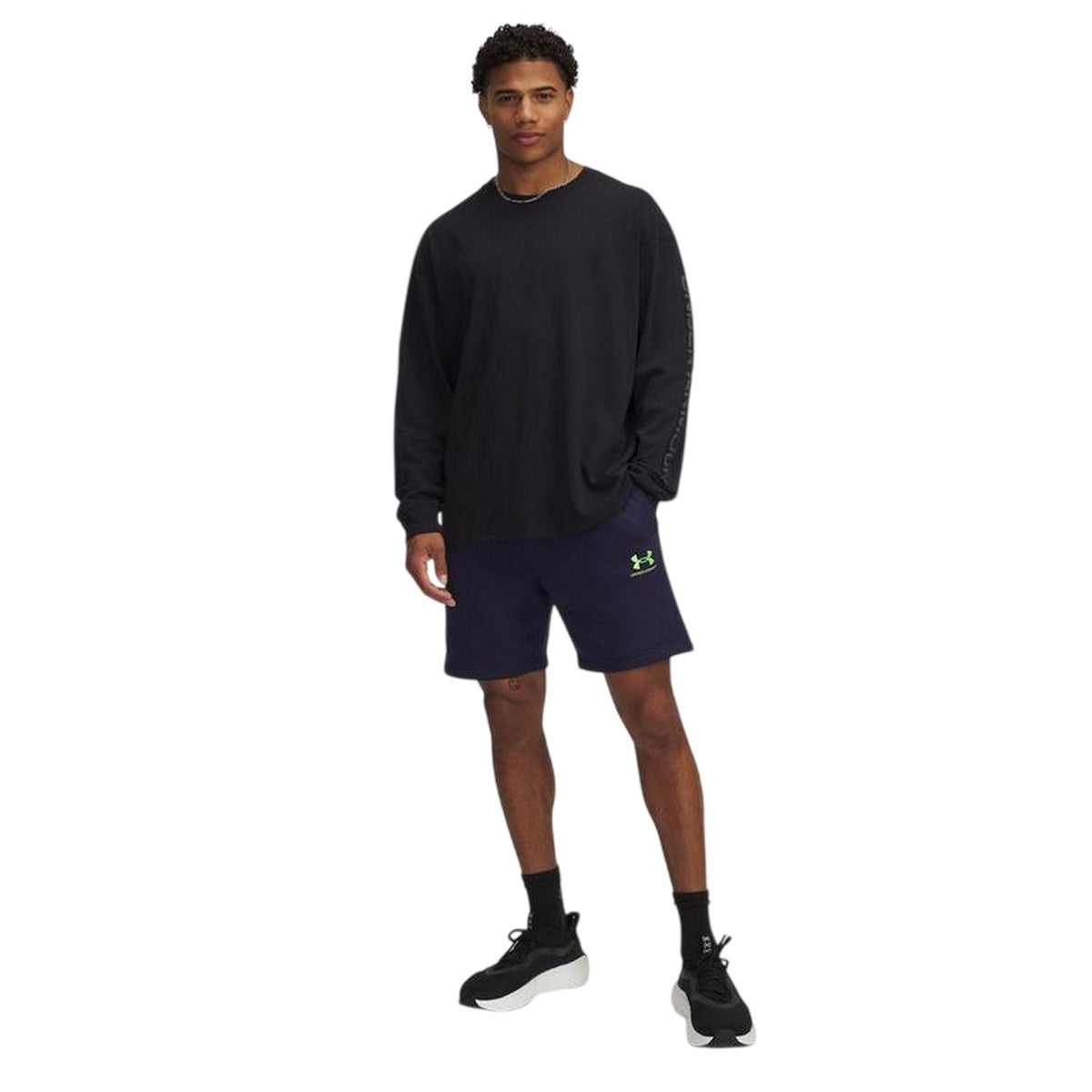 Navy-Cyber Green - Lifestyle - Under Armour Mens Icon Fleece Taped Sweat Shorts
