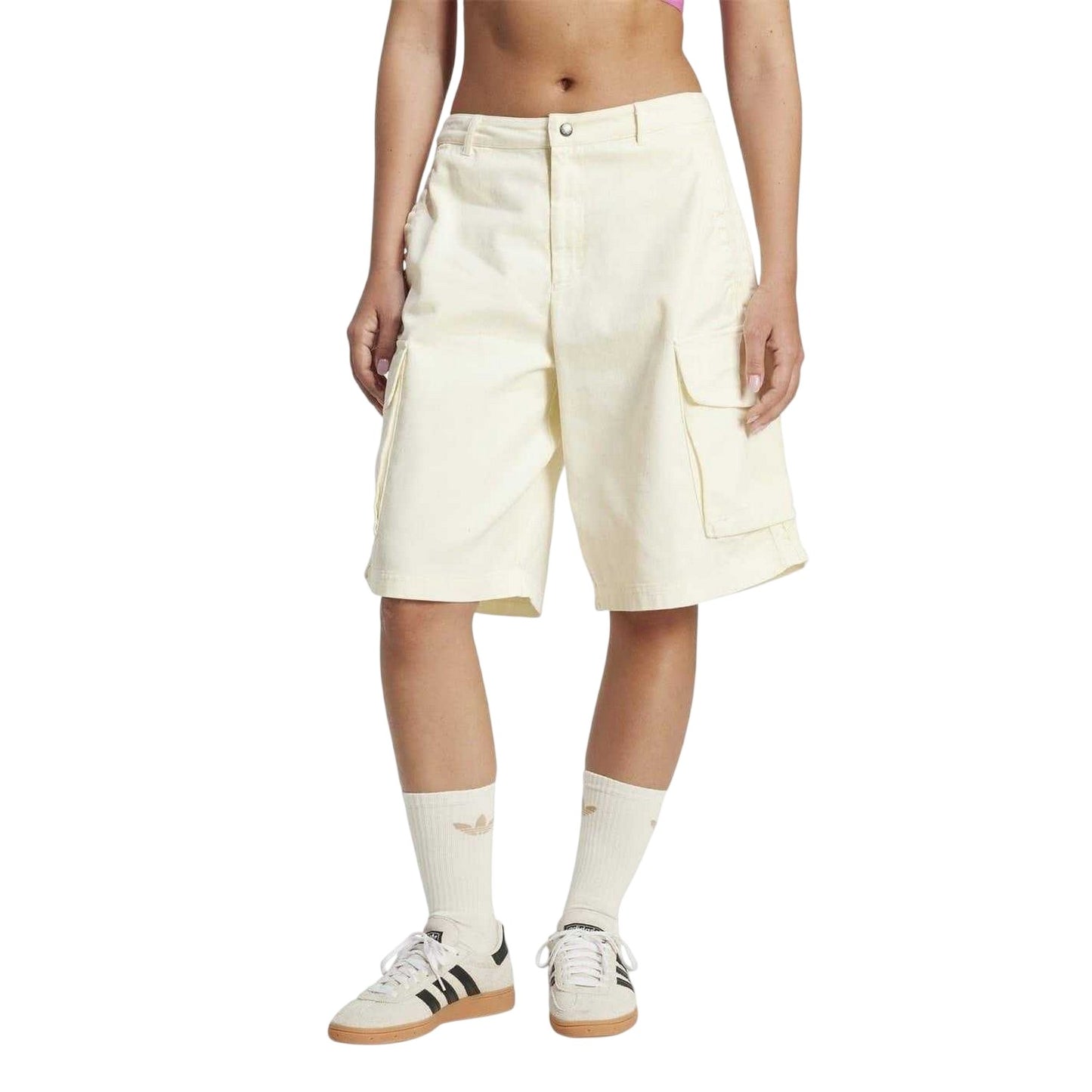 Cream - Lifestyle - Adidas Womens-Ladies Originals Denim Baggy Cargo Shorts